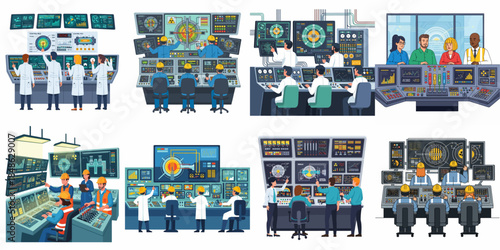 Engineers and Scientists Working in Control Rooms: Vector Illustration Set of Industrial and Nuclear Power Operations Centers.