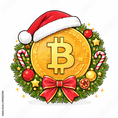 Festive Bitcoin: A Bitcoin coin adorned with a Santa hat and festive decorations. The image captures the intersection of digital currency and holiday spirit, a unique symbol of modern finance.