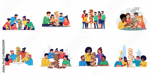 Vector illustrations set of diverse groups of friends or colleagues playing Jenga, demonstrating collaboration and concentration.