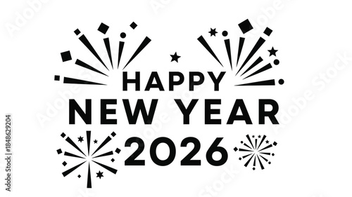 Festive new year celebration with fireworks and text in black silhouette