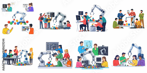 Set of illustrations showing diverse teams programming and learning robotics, automation, and industrial engineering concepts using a robotic arm manipulator.