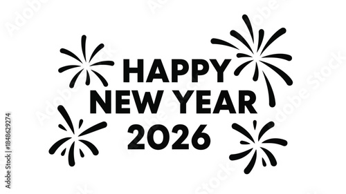 Festive new year design with fireworks and text in black silhouette