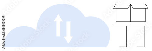 Cloud computing, data transfer, logistics, digital storage, online delivery, network solutions. A cloud with data transfer indicators next to a box on a table. Cloud computing and logistics concept