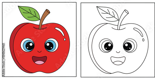 Cute apple cartoon character. Coloring book page for kids. Vector illustration of red fruit with face. Color and outline version isolated on white background.
