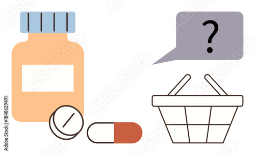 Pill bottle with tablets, capsule, shopping basket, speech bubble and question mark. Ideal for healthcare, pharmaceutical decision, e-commerce, shopping choice, consumer guidance online order