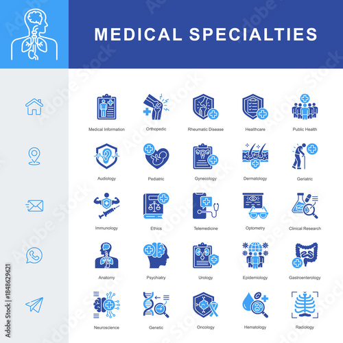 A Medical Specialties icon set covering key fields such as pediatrics, dermatology, oncology, radiology, neuroscience, genetics, immunology, and clinical research for comprehensive healthcare.