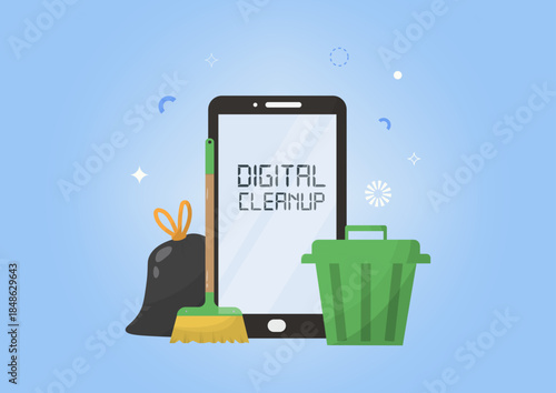 Digital cleanup smartphone with trash bin. Flat digital cleanup concept with smartphone displaying text, green trash bin, broom and garbage bag ideal for storage and privacy . Vector illustration