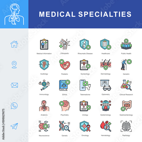 A Medical Specialties icon set covering key fields such as pediatrics, dermatology, oncology, radiology, neuroscience, genetics, immunology, and clinical research for comprehensive healthcare.