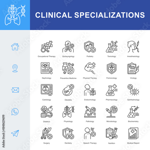 A Clinical Specializations icon set featuring key medical fields such as cardiology, surgery, pathology, pulmonology, endocrinology, physical therapy, toxicology, microbiology, and nutrition.