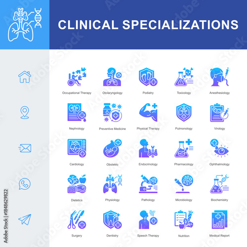 A Clinical Specializations icon set featuring key medical fields such as cardiology, surgery, pathology, pulmonology, endocrinology, physical therapy, toxicology, microbiology, and nutrition.