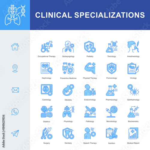 A Clinical Specializations icon set featuring key medical fields such as cardiology, surgery, pathology, pulmonology, endocrinology, physical therapy, toxicology, microbiology, and nutrition.