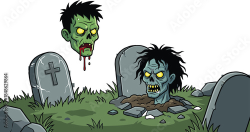 Spooky graveyard scene, cartoon zombies, Halloween horror, glowing eyes, tombstones, eerie night, undead heads, creepy cemetery, blood, supernatural illustration