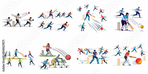 Dynamic collection of cricket vector illustrations featuring batsmen, fielders, and running players engaged in exciting match actions against a white background.