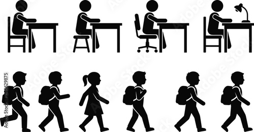 Student silhouettes studying at desks, children walking with backpacks, black and white school life illustration, education and routine concept