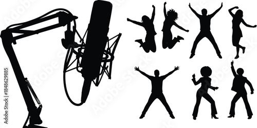 Studio microphone with pop filter, dynamic people silhouettes, audio recording setup, vocal performance energy, podcast and celebration concept