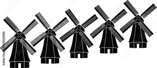 Stylized windmill silhouettes in row, black and white design, symmetrical blade pattern, traditional structure, minimalist renewable energy illustration
