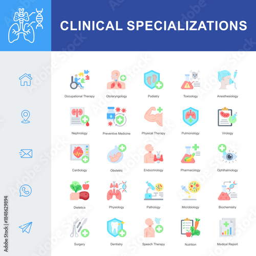 A Clinical Specializations icon set featuring key medical fields such as cardiology, surgery, pathology, pulmonology, endocrinology, physical therapy, toxicology, microbiology, and nutrition.