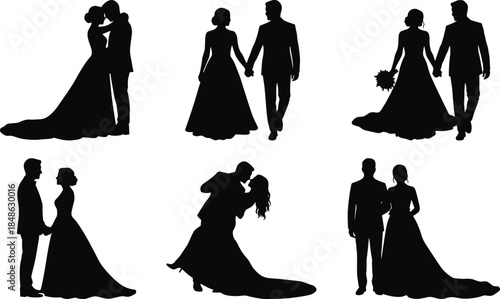 Wedding couple silhouette, romantic bride groom pose, black vector illustration, ceremony love moment, marriage design, bridal embrace, kiss, bouquet
