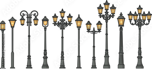 Vintage street lamp silhouettes, ornate lantern designs, black and white illustration, urban lighting concept, historical decorative post collection