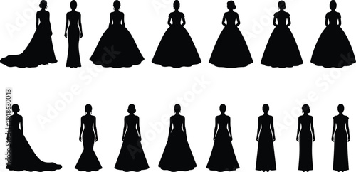 Women dress silhouettes, fashion design comparison, ball gown and fitted styles, black and white illustration, stylistic garment diversity