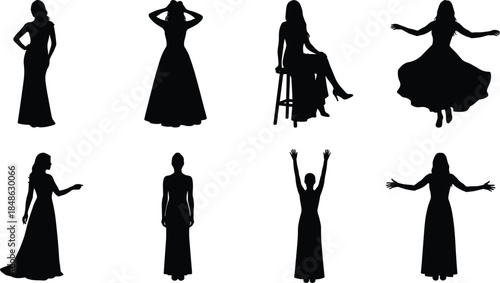 Women silhouettes, long dresses, elegant poses, fashion illustration, black figures, expressive posture, seated woman, dancing pose, stylish stance, feminine form, dress movement, silhouette