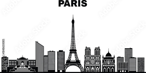 Paris city skyline silhouette featuring Eiffel Tower, Notre Dame Cathedral, iconic landmarks, urban architecture, panoramic cityscape illustration, black and white vector