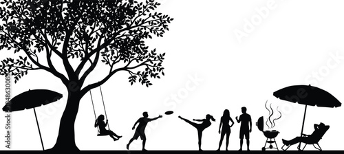 Outdoor leisure silhouette, family fun, summer activity, picnic scene, tree swing, frisbee play, barbecue grill, social gathering, black illustration