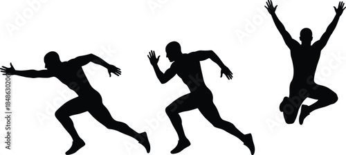 Running athlete silhouette sequence featuring sprint, motion, jump, fitness training, sports action concept, black and white illustration, vector dynamic performance