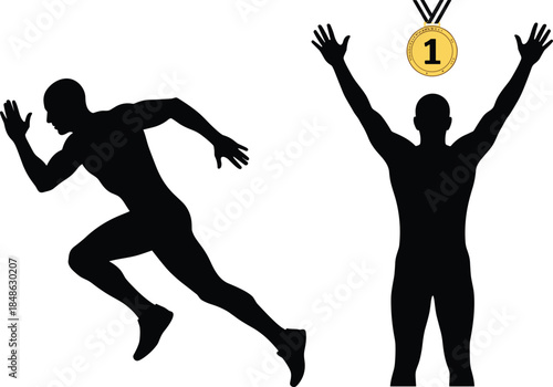 Running athlete silhouette victory concept featuring sprint action, winning champion pose, gold medal success, sports achievement illustration, black and white
