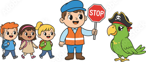 School crossing cartoon scene, children walking, safety patrol illustration, whimsical parrot character, educational design, pedestrian awareness art