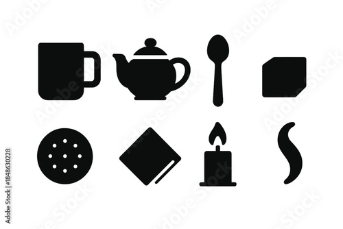 Tea Break Icons. Tea break essentials. Filled icon set of tea break essentials: mug, teapot, tea spoon, sugar
