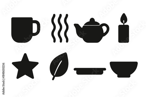 Tea Silhouette Icons. Tea mood silhouettes. Filled icon set of tea mood silhouettes: mug silhouette, teapot