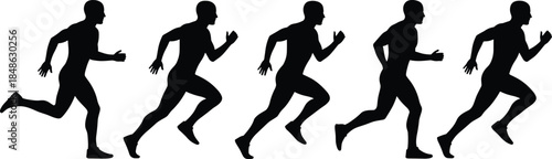 Running silhouette sequence, human motion study, athletic stride phases, biomechanics illustration, sports training concept, black figure on white background