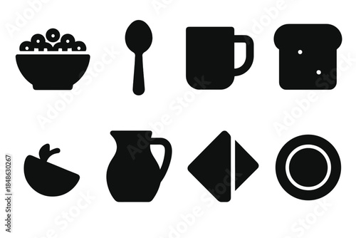 Morning Meal Icons. Morning family meal. Filled icon set of morning family meal: bowl cereal, spoon, mug,
