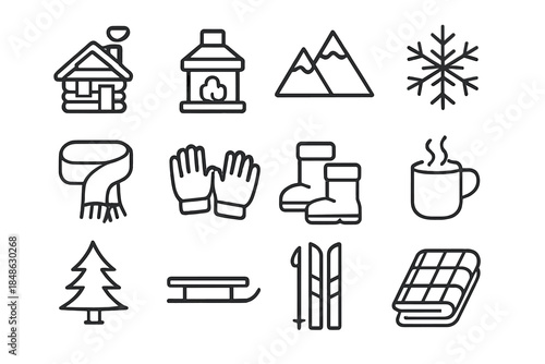 Alpine Getaway Icons. Cozy alpine getaway. Line outline icon set of Cozy alpine getaway: cabin, fireplace,