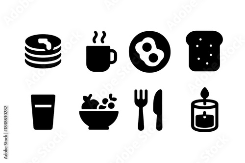 Holiday Breakfast Icons. Family breakfast on holiday morning. Filled icon set of family breakfast on holiday