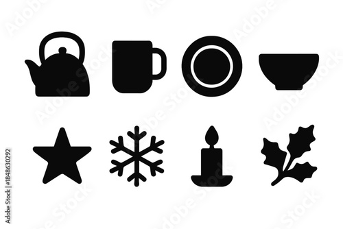 Holiday Kitchen Icons. Holiday kitchen silhouettes. Filled icon set of holiday kitchen silhouettes: kettle