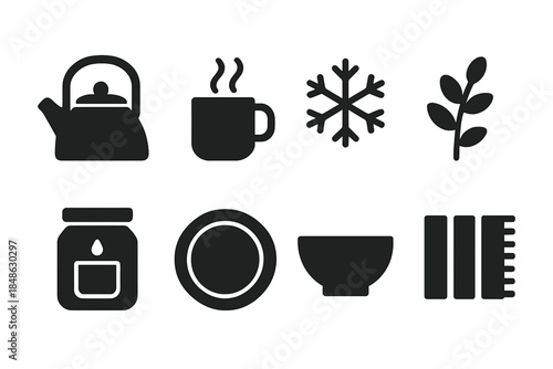 Minimalist Winter Kitchen Icons. Minimalist kitchen decorated for winter. Filled icon set of minimalist