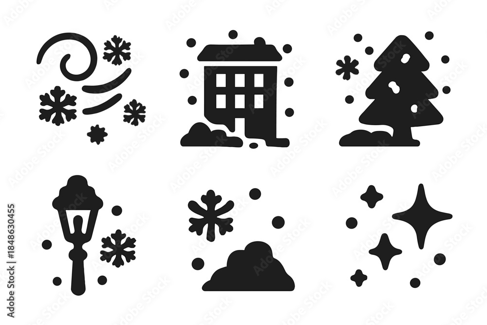 Fototapeta premium Busy Snowstorm Icons. Busy snowstorm icons. Filled icon set of busy snowstorm icons: snow swirl, building