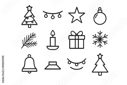 Minimal Christmas Icons. Minimal Christmas tree with lights. Line outline icon set of Minimal Christmas tree