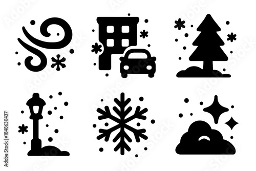 Busy Snowstorm Icon Set. Busy snowstorm icons. Filled icon set of busy snowstorm icons: snow swirl, building