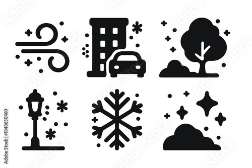 Busy Snowstorm Icons. Busy snowstorm icons. Filled icon set of busy snowstorm icons: snow swirl, building