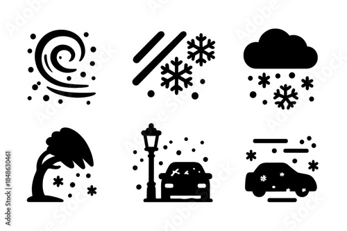 Dramatic Snowstorm Icons. Snowstorm dramatic photos. Filled icon set of snowstorm dramatic photos: snow swirl,