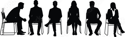 Silhouetted people sitting, body language, emotional posture, social interaction, seated figures, black silhouettes, group dynamics, communication concept, isolated