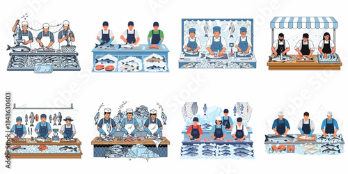Collection of Illustrations Featuring Fishmongers and Chefs Preparing Fresh Seafood, Filleting Fish on Cutting Boards at Market Stalls or Counters.