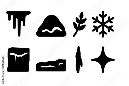 Frozen Nature Icons. Frozen nature scene. Filled icon set of frozen nature scene: icefall, snow mound, frost