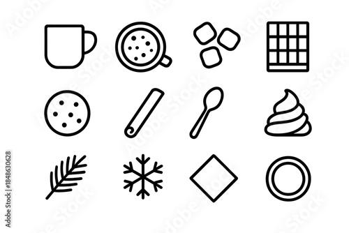 Cozy Chocolate Icons. Cozy chocolate spread. Line outline icon set of Cozy chocolate spread: mug, hot