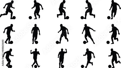 Soccer player silhouettes set showing football dribbling running and kicking actions, male athlete poses illustration isolated on white background