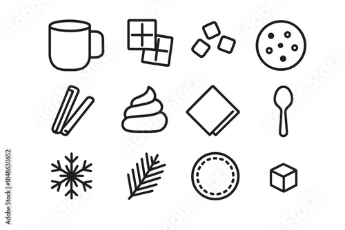 Winter Treat Icons. Winter treat flat-lay. Line outline icon set of Winter treat flat-lay: mug, chocolate