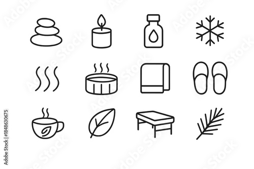 Winter Spa Icons. Winter spa & wellness retreats. Line outline icon set of Winter spa & wellness retreats: spa